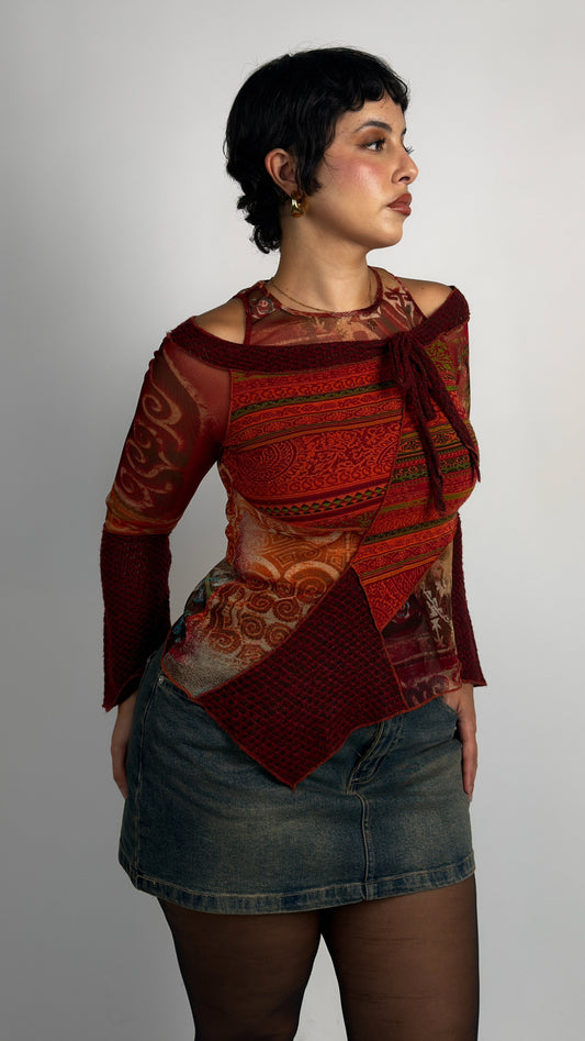 French Vintage Patchwork Mesh & Knit Top - M/L