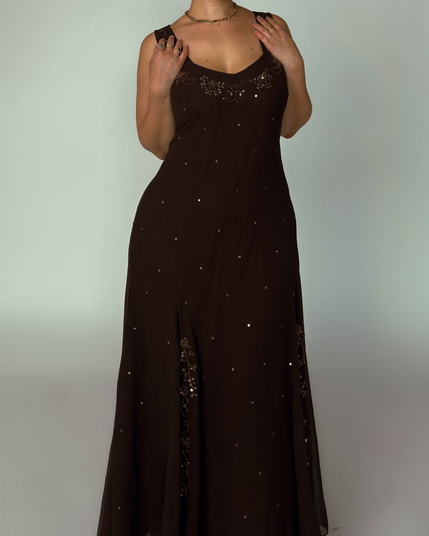 Vintage Brown Beaded Maxi Dress - size L-XL