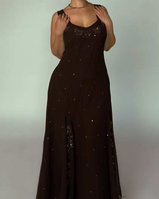 Vintage Brown Beaded Maxi Dress - size L-XL