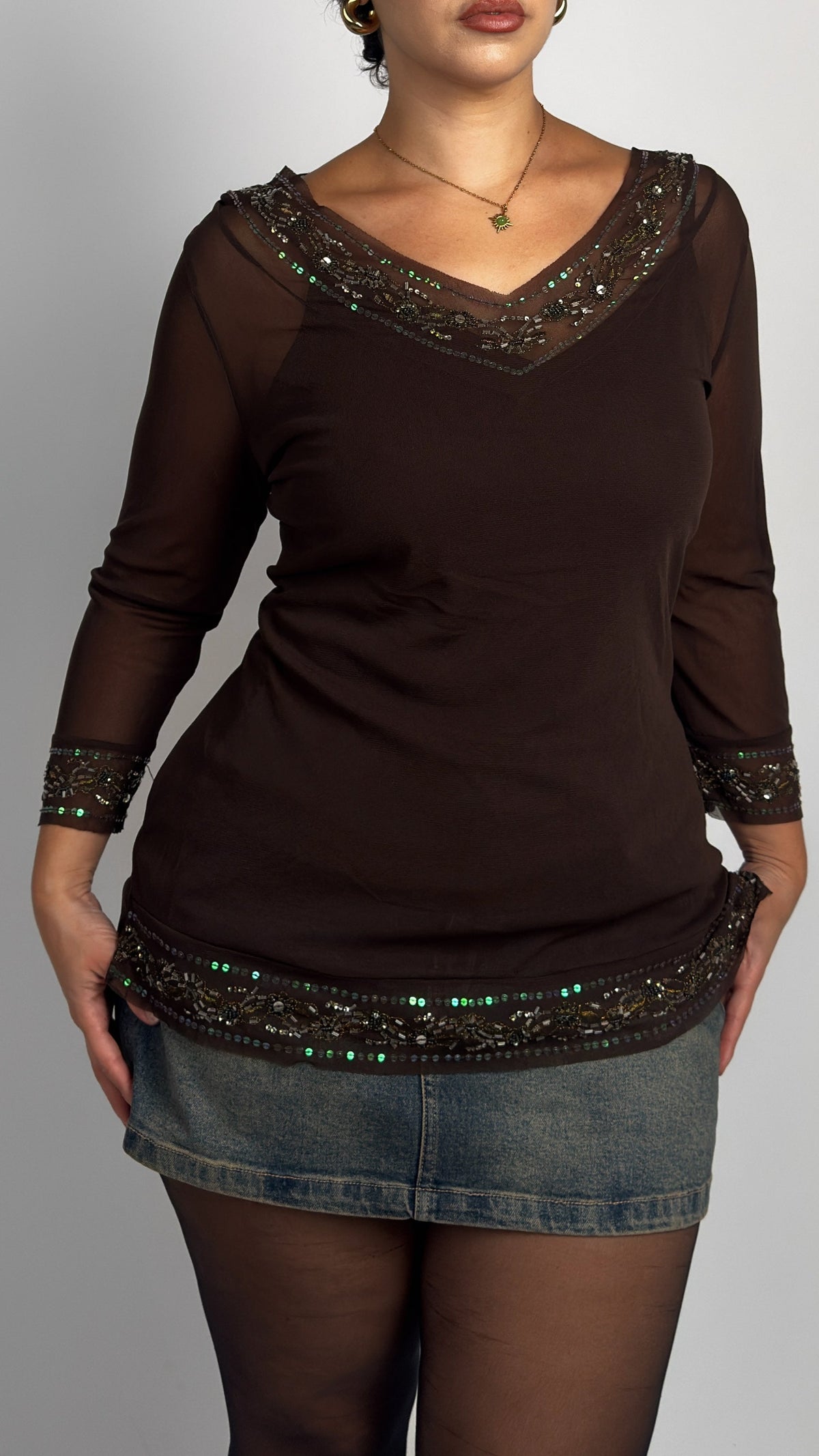 French Vintage Beaded Mesh Top - L/XL