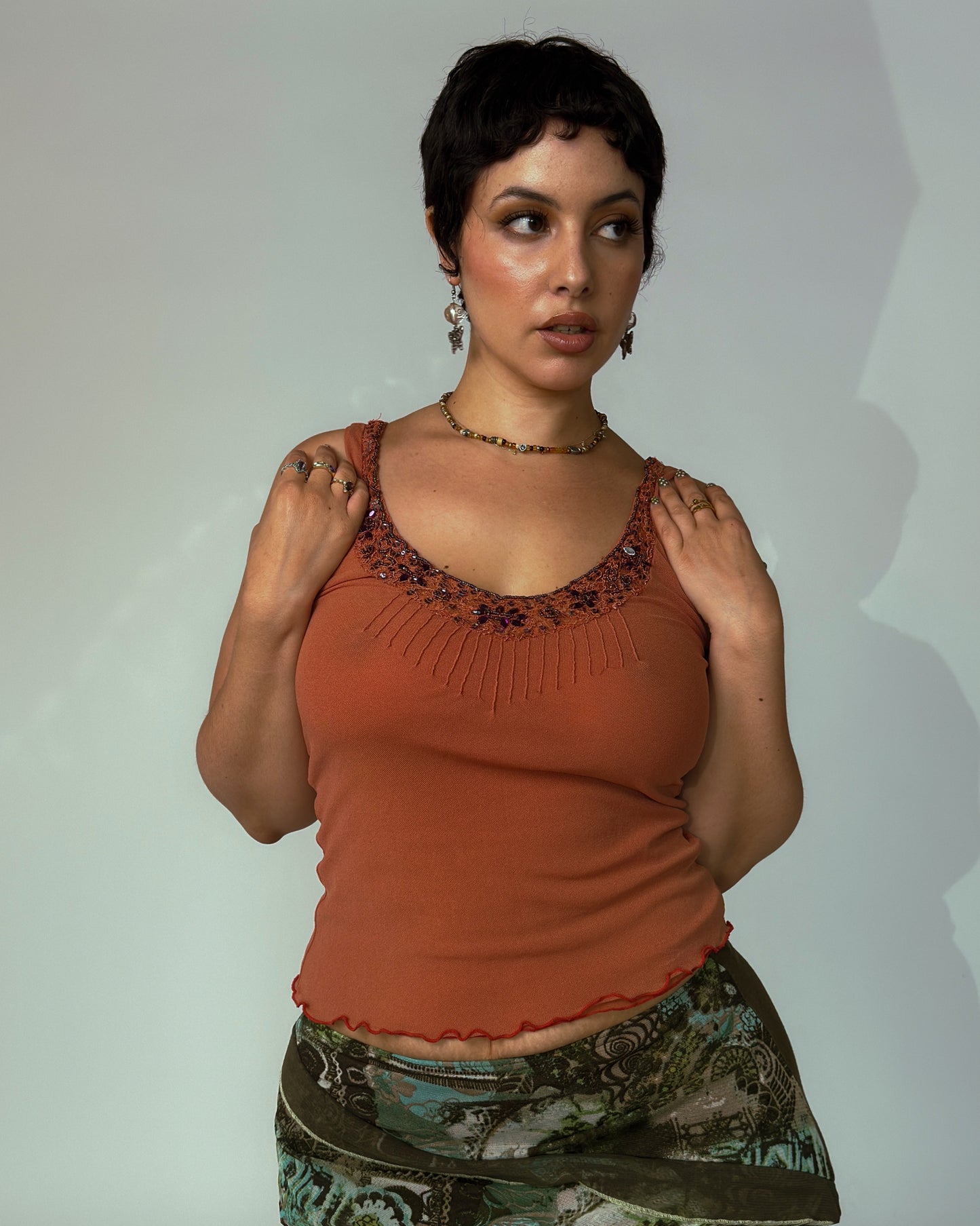Vintage Rusty Orange Beaded Mesh Top - size M/L