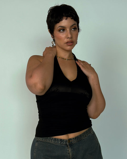 Black Satin Halter Top - size M/L