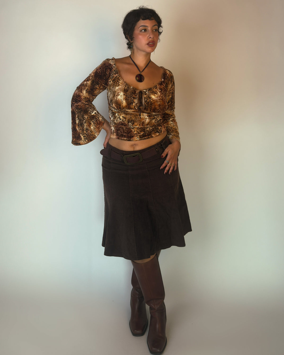 Brown Stretch Rib Midi Skirt - L/XL