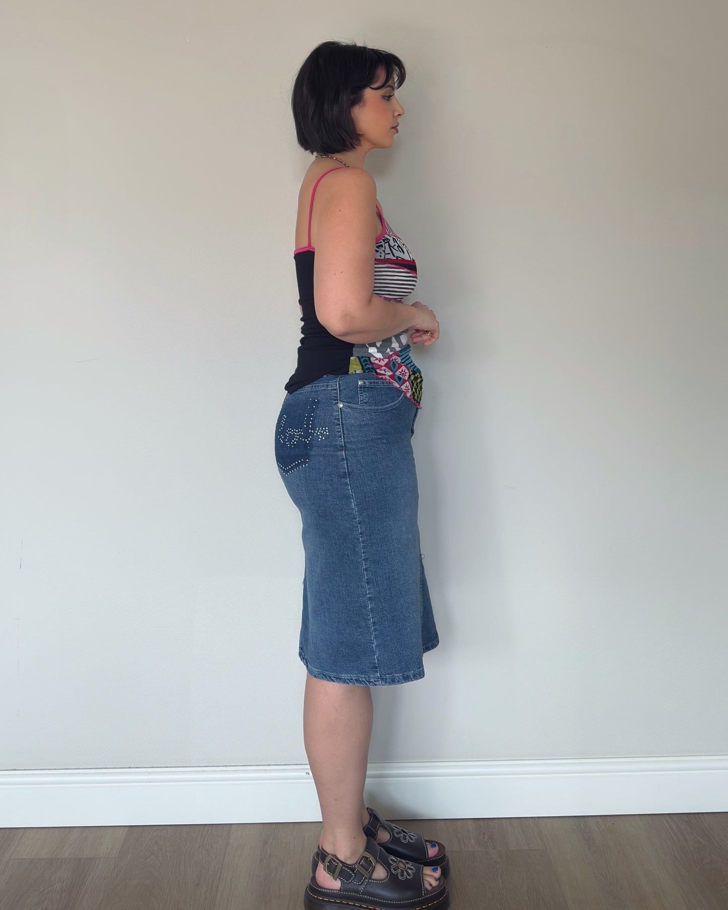 Vintage Y2K Studded Denim Midi Skirt - size L/XL