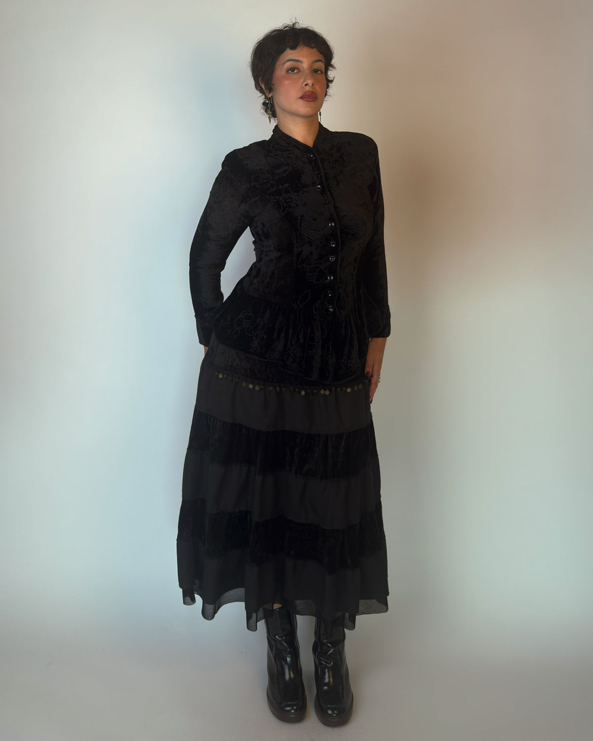 Rare 80s/90s Derhy Velvet Beaded Peplum Top - M/L
