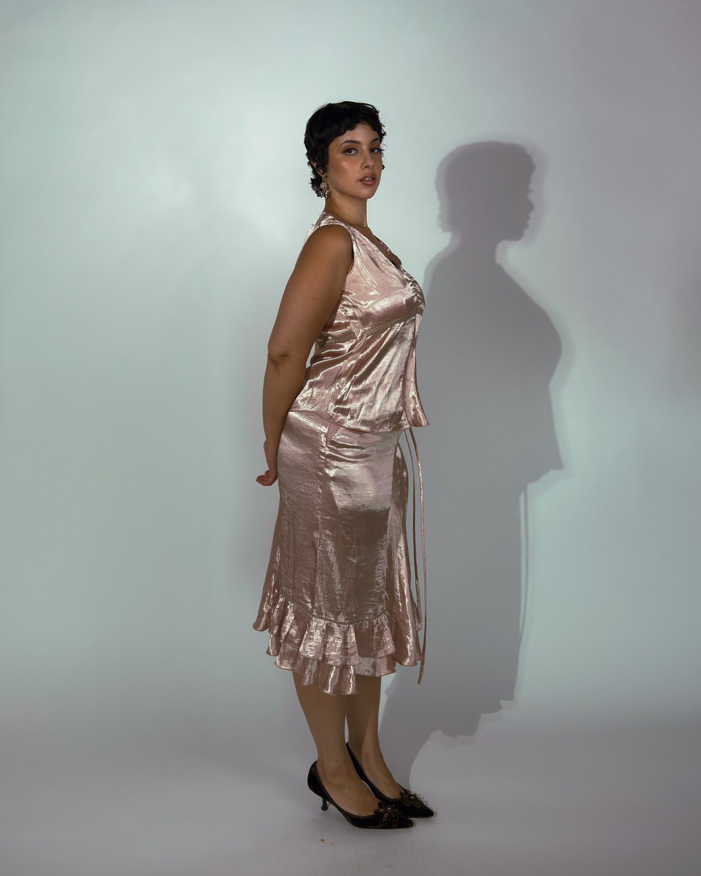 Vintage Spanish Pink Satin Skirt Set - size M-XL