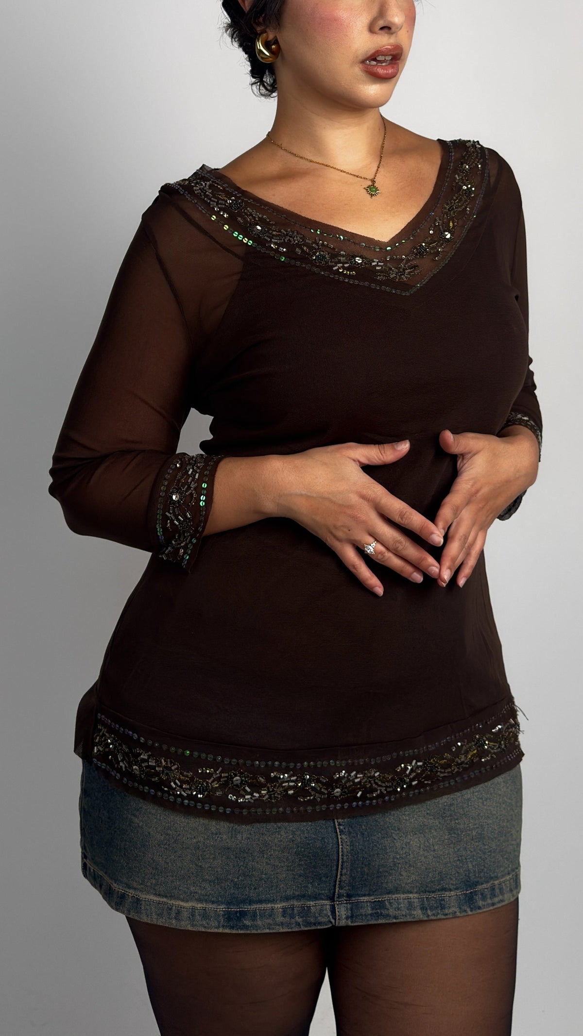 French Vintage Beaded Mesh Top - L/XL