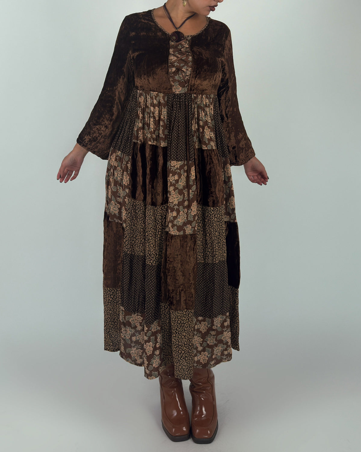Vintage Brown Velvet Patchwork Tiered Maxi Dress - L/XL