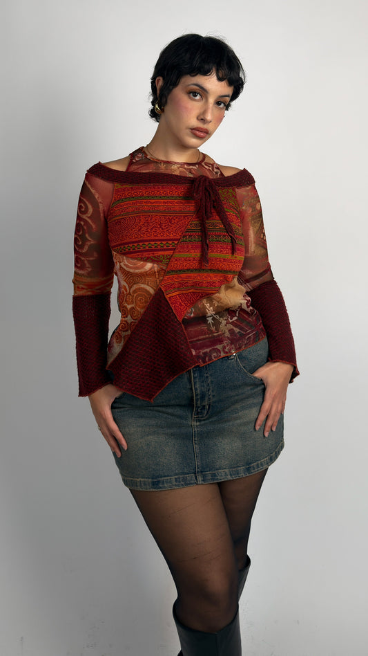 French Vintage Patchwork Mesh & Knit Top - M/L