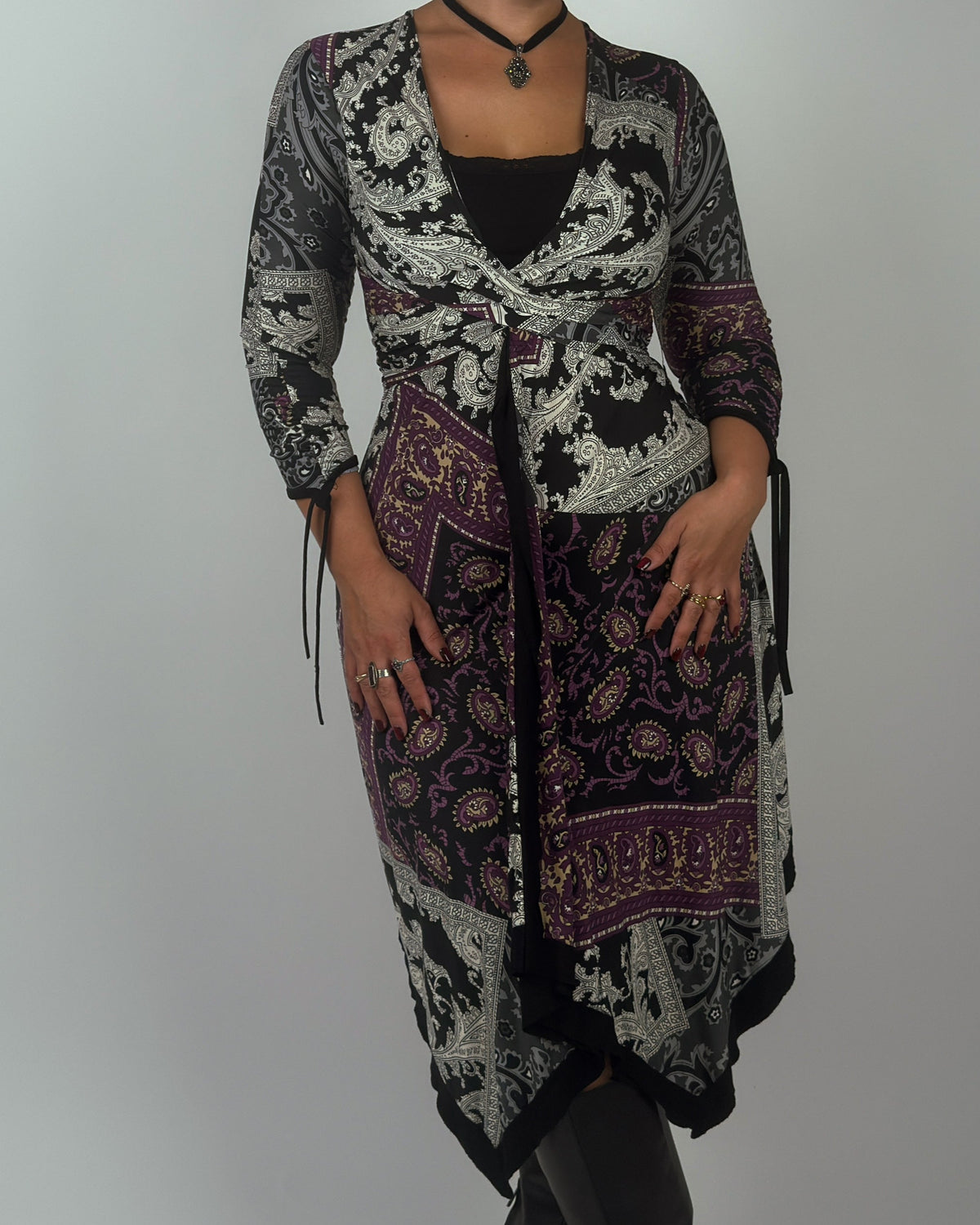 Rust Olive Patchwork Paisley Mesh Dress - front full length styled