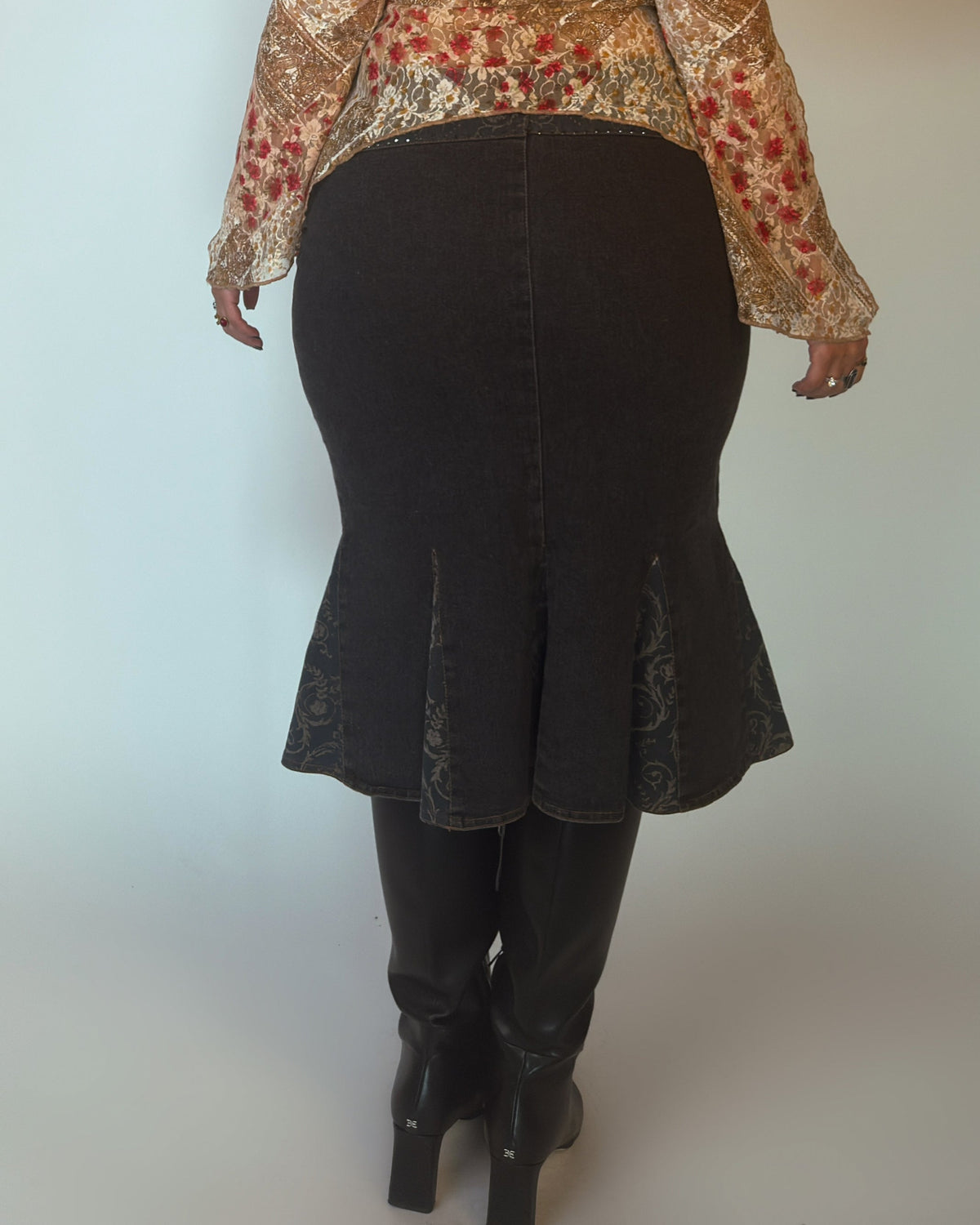 Grey Denim Stretch Midi Skirt - L/XL