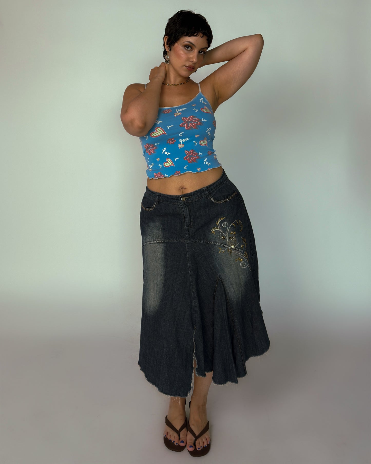 Vintage Beaded Denim Midi Skirt - size L/XL