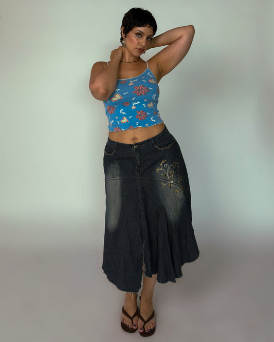 Vintage Beaded Denim Midi Skirt - size L/XL