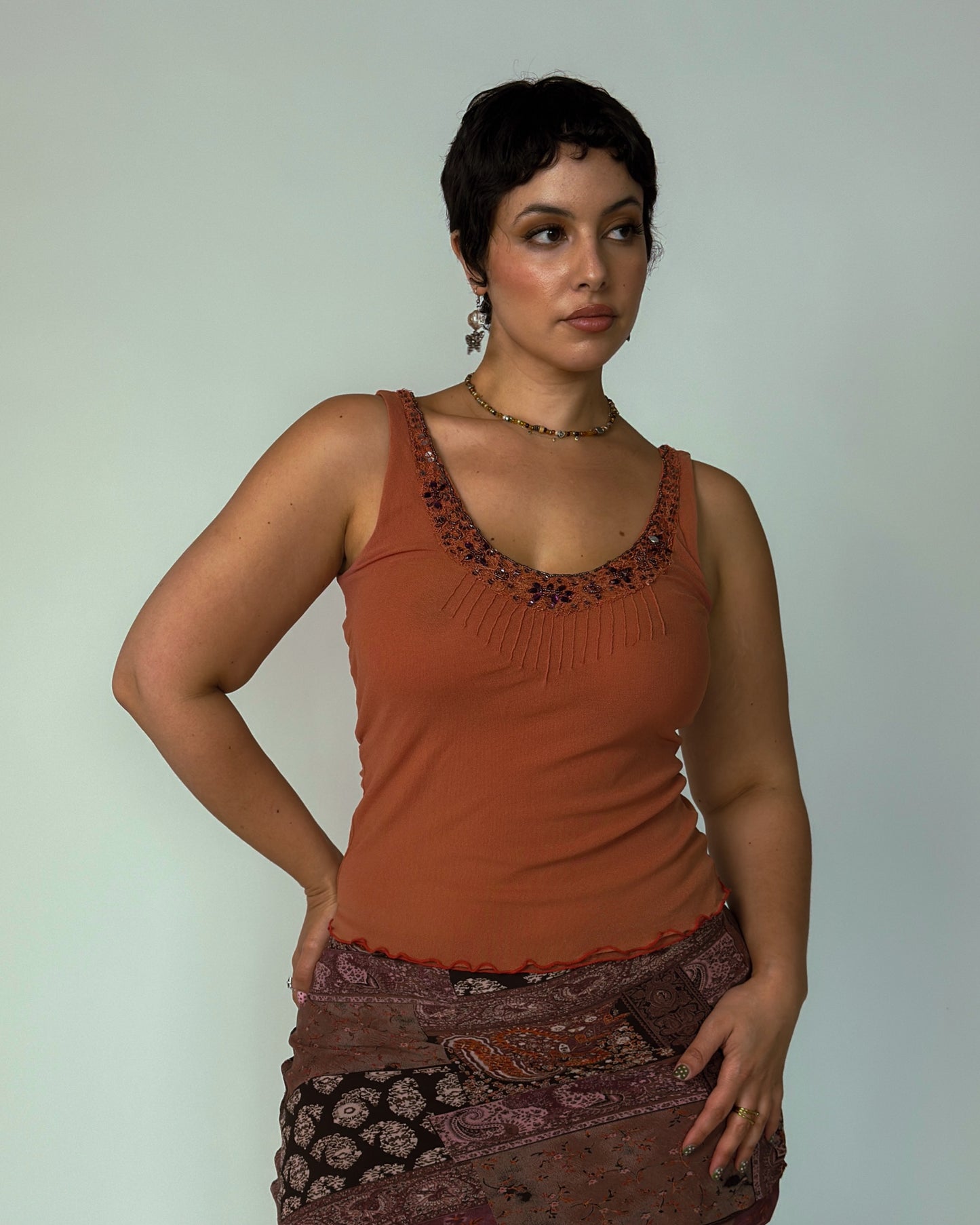 Vintage Rusty Orange Beaded Mesh Top - size M/L