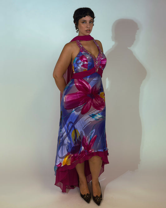 Vintage Italian Silk Beaded Halter Dress with Matching Scarf - size L/XL