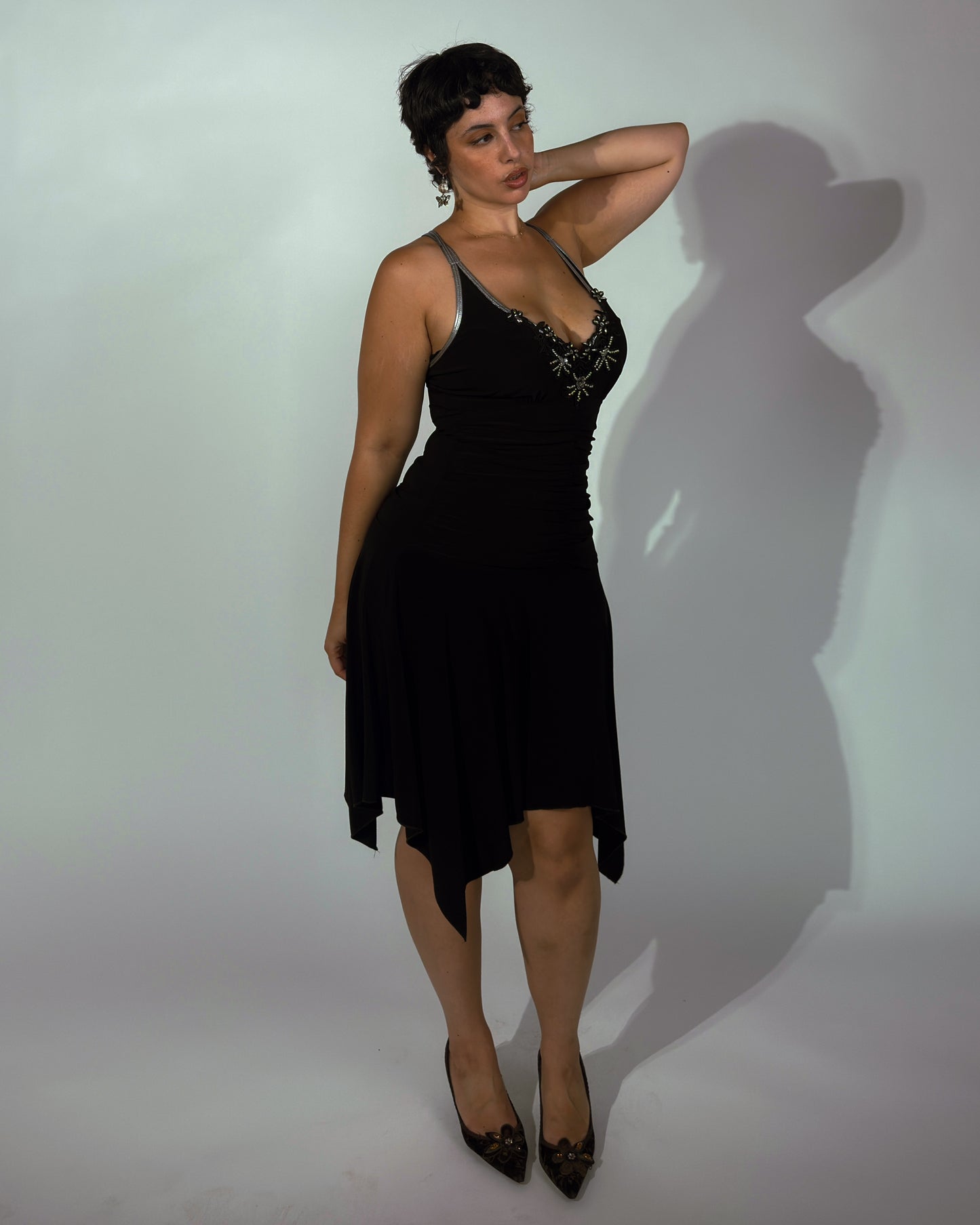 Black Stretch Beaded Handkerchief Midi Dress - size M/L