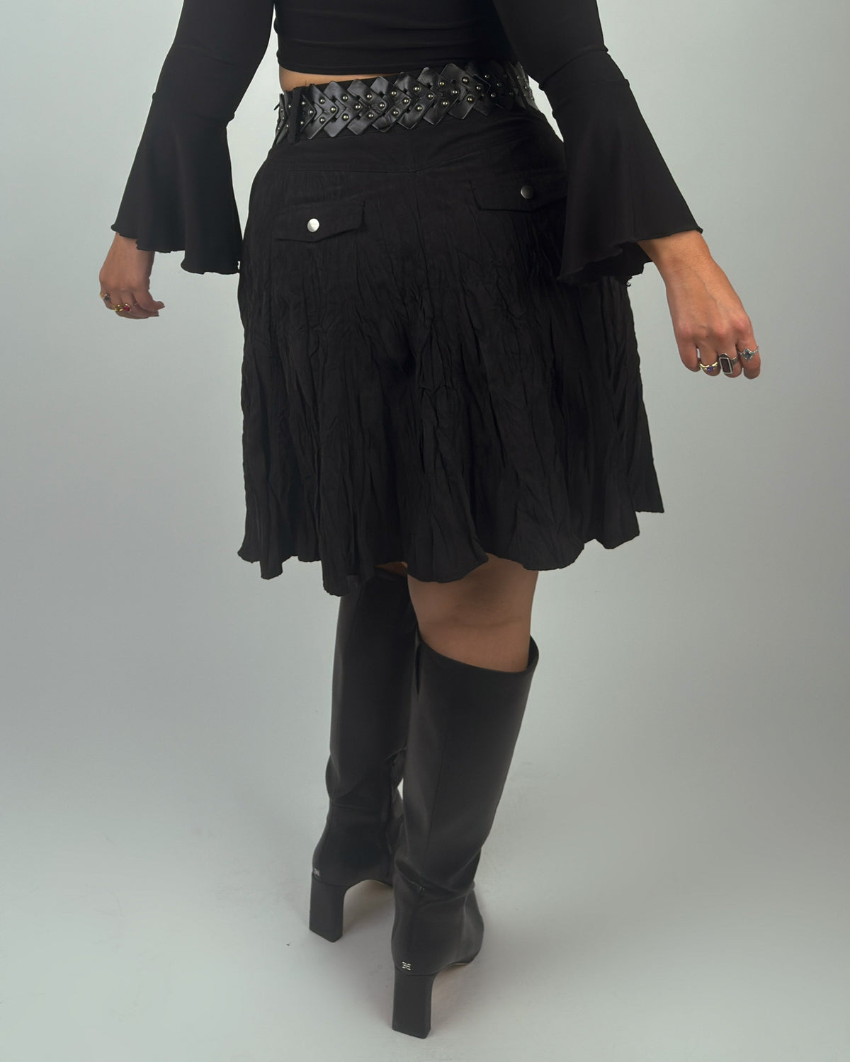 Black Pleated Mini Skirt with Studded Belt - M/L