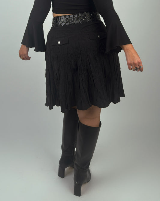 Black Pleated Mini Skirt with Studded Belt - M/L