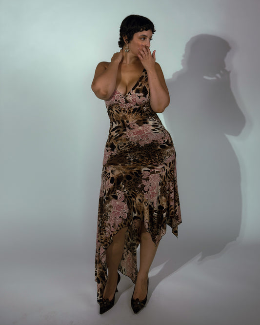 Vintage Leopard Floral Asymmetrical Dress - size M-XL