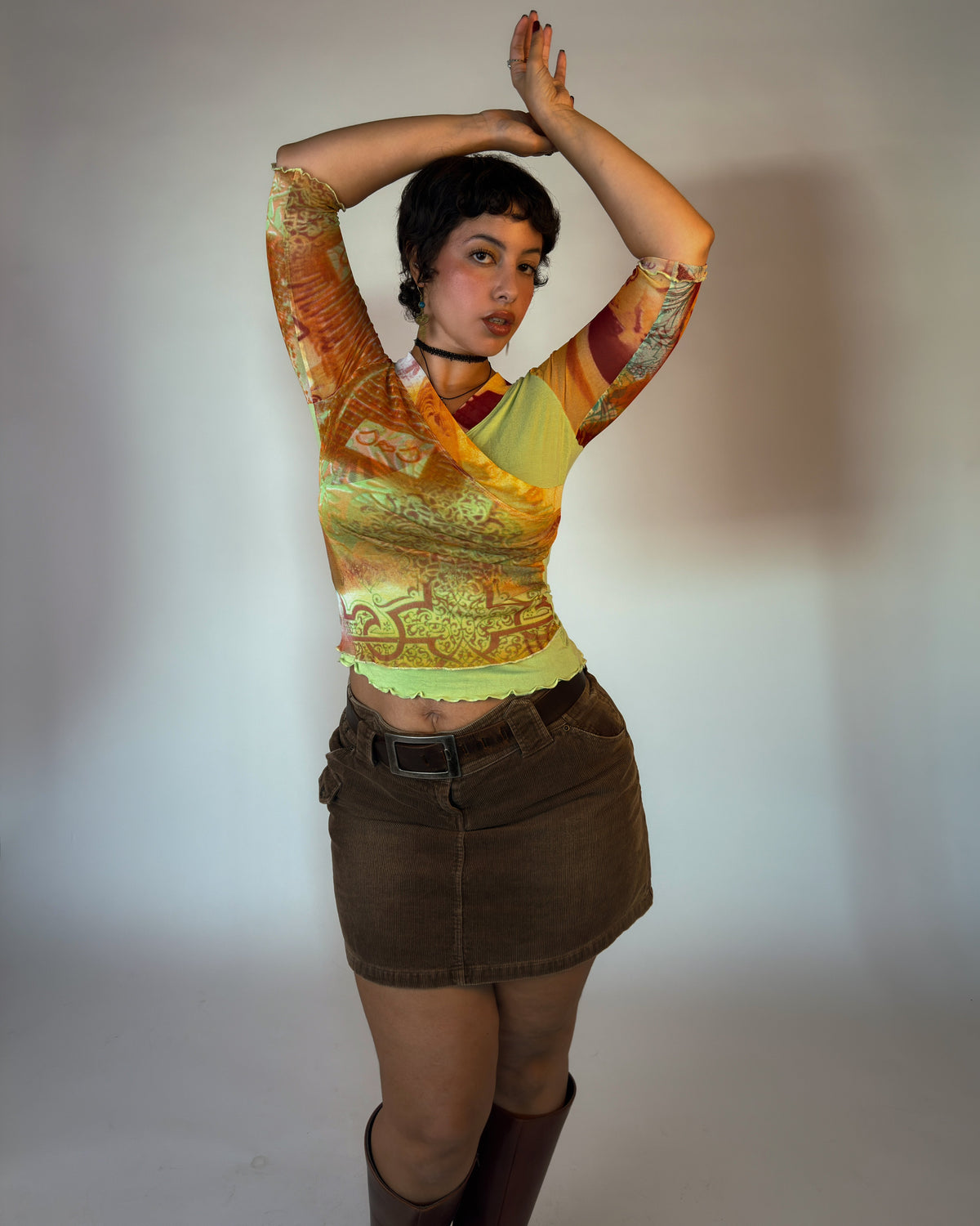 Y2K Patchwork Mesh Wrap Top - size M/L