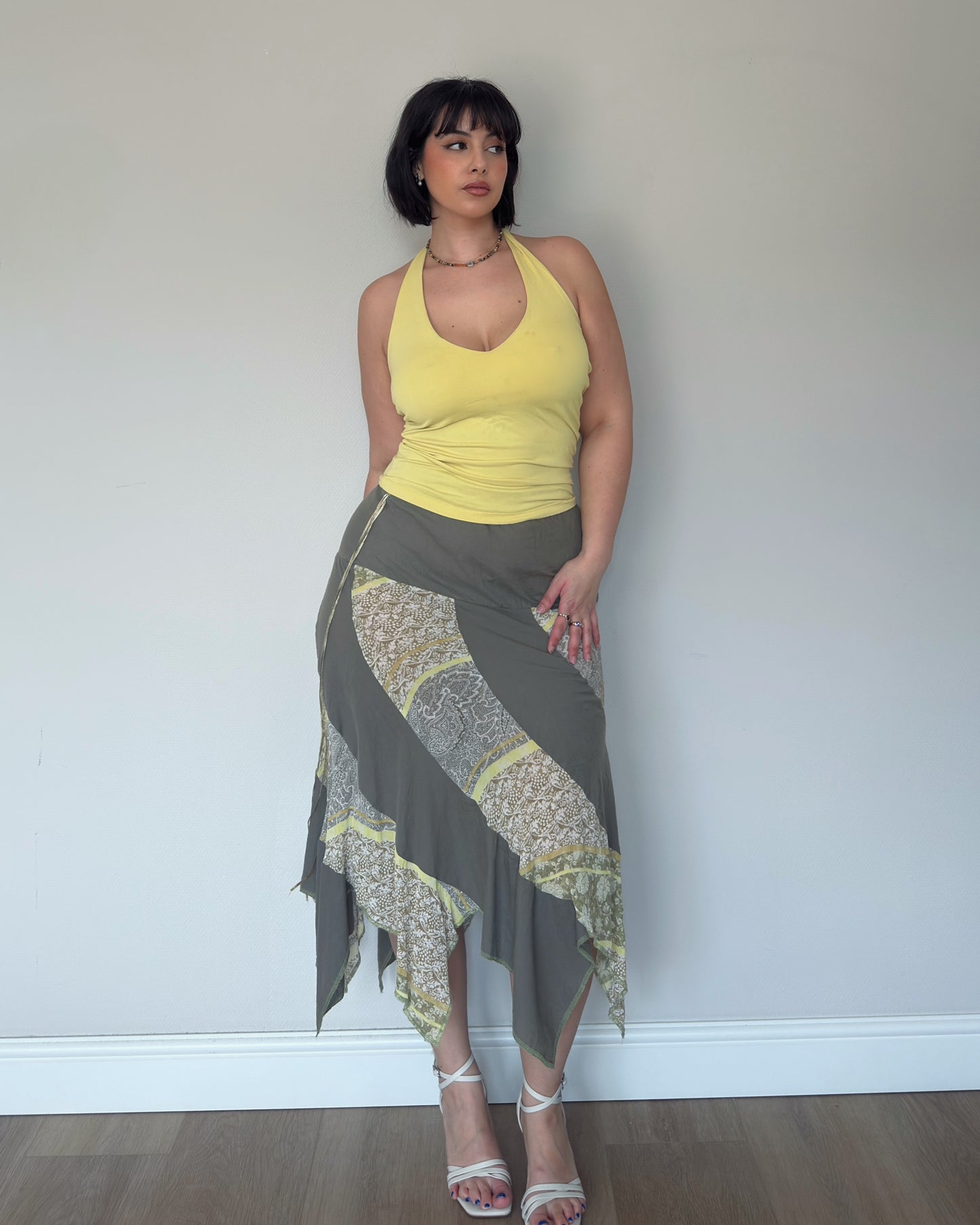 Handkerchief Hem Patchwork Midi Skirt - size L/XL