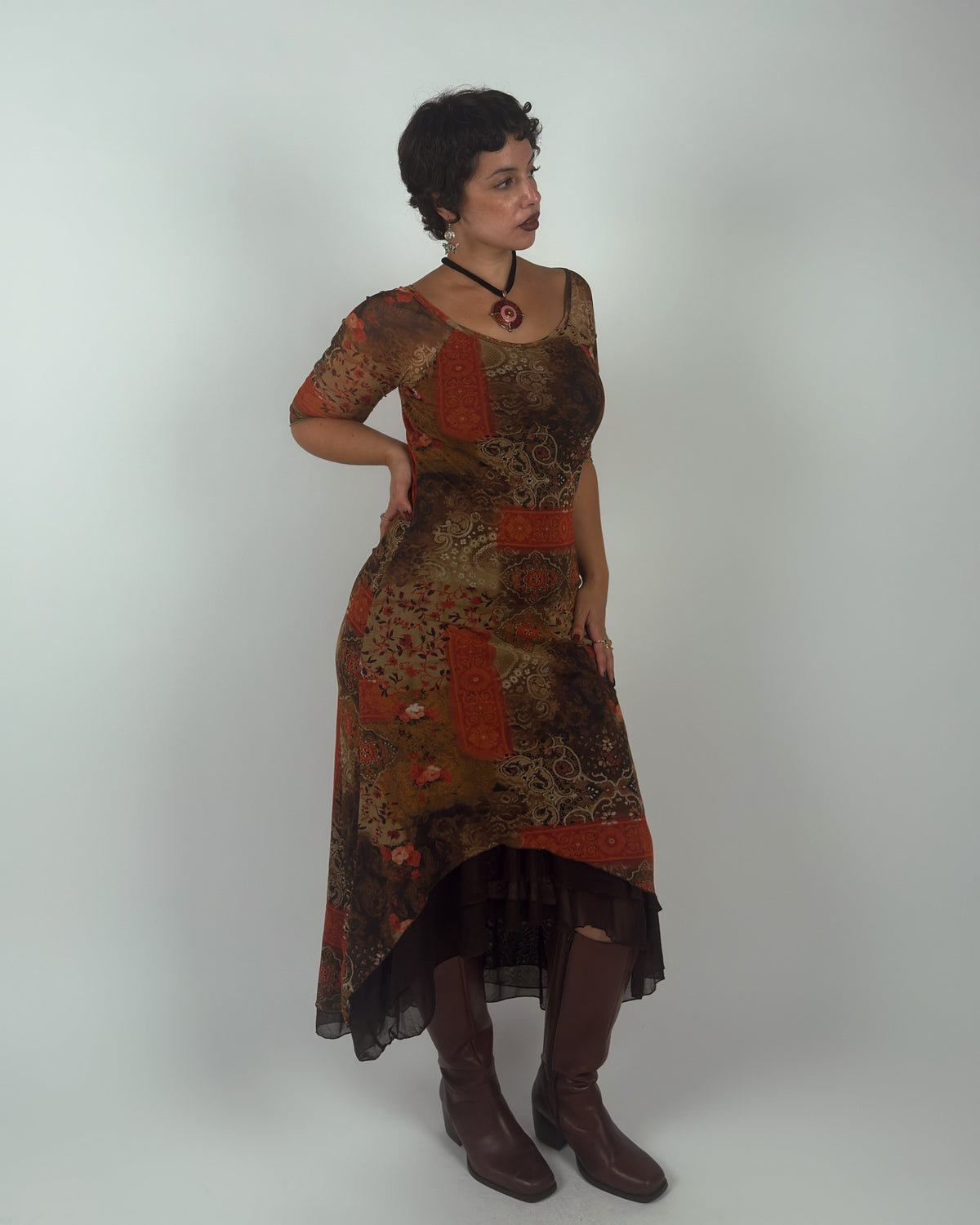 Patchwork Mesh Stretch Midi Dress - M-XL