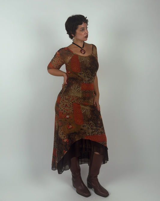 Patchwork Mesh Stretch Midi Dress - M-XL