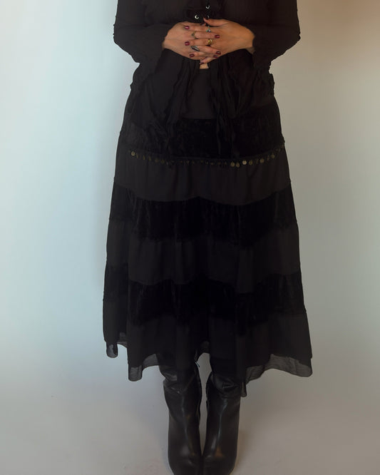 Black Tiered Velvet Maxi Skirt - size L/XL