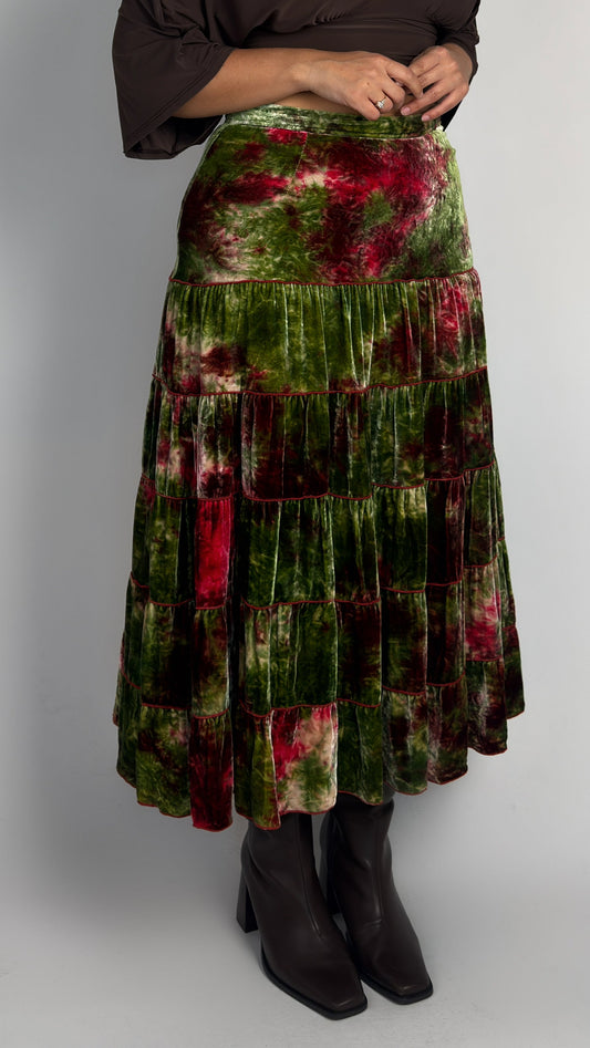 Spanish Vintage Silk Blend Tiered Velvet Midi Skirt - M/L