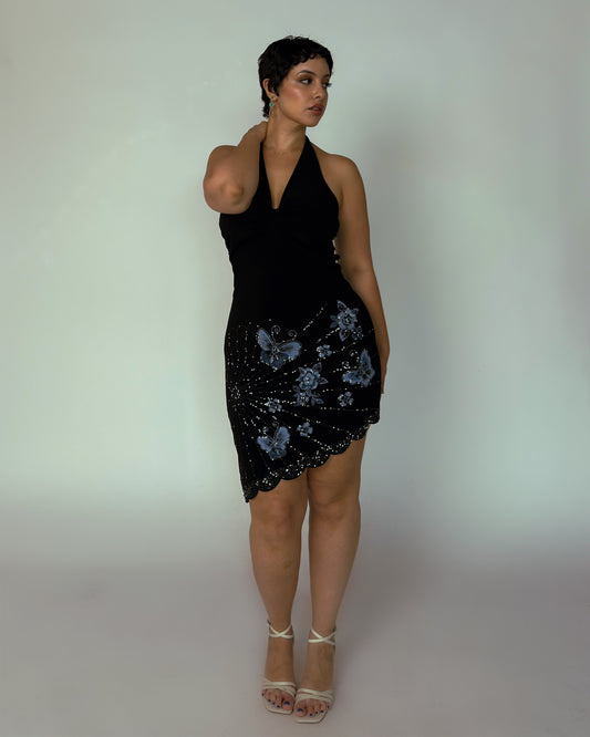 Vintage Beaded Halter Mini Dress - size M-XL