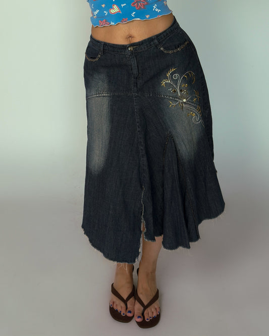 Vintage Beaded Denim Midi Skirt - size L/XL