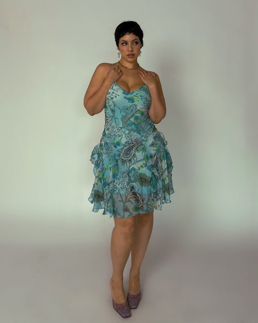 Vintage Blue Floral Midi Dress - size M/L