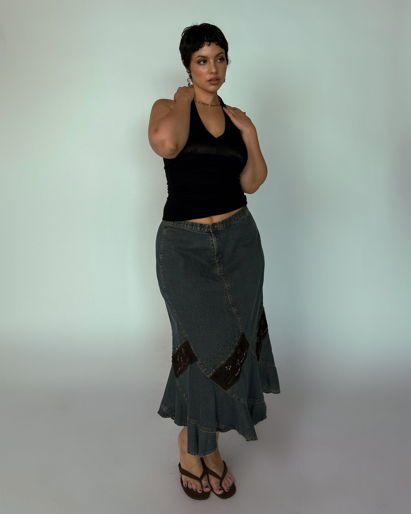Vintage Georges Franck Denim Beaded Skirt - size XL/XXL