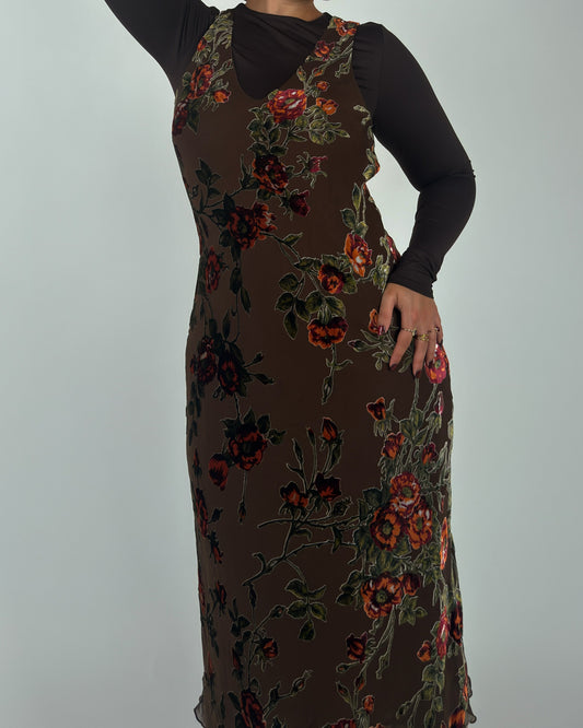 Rare Vintage Derhy Silk Velvet Burnout Midi Dress - M/L