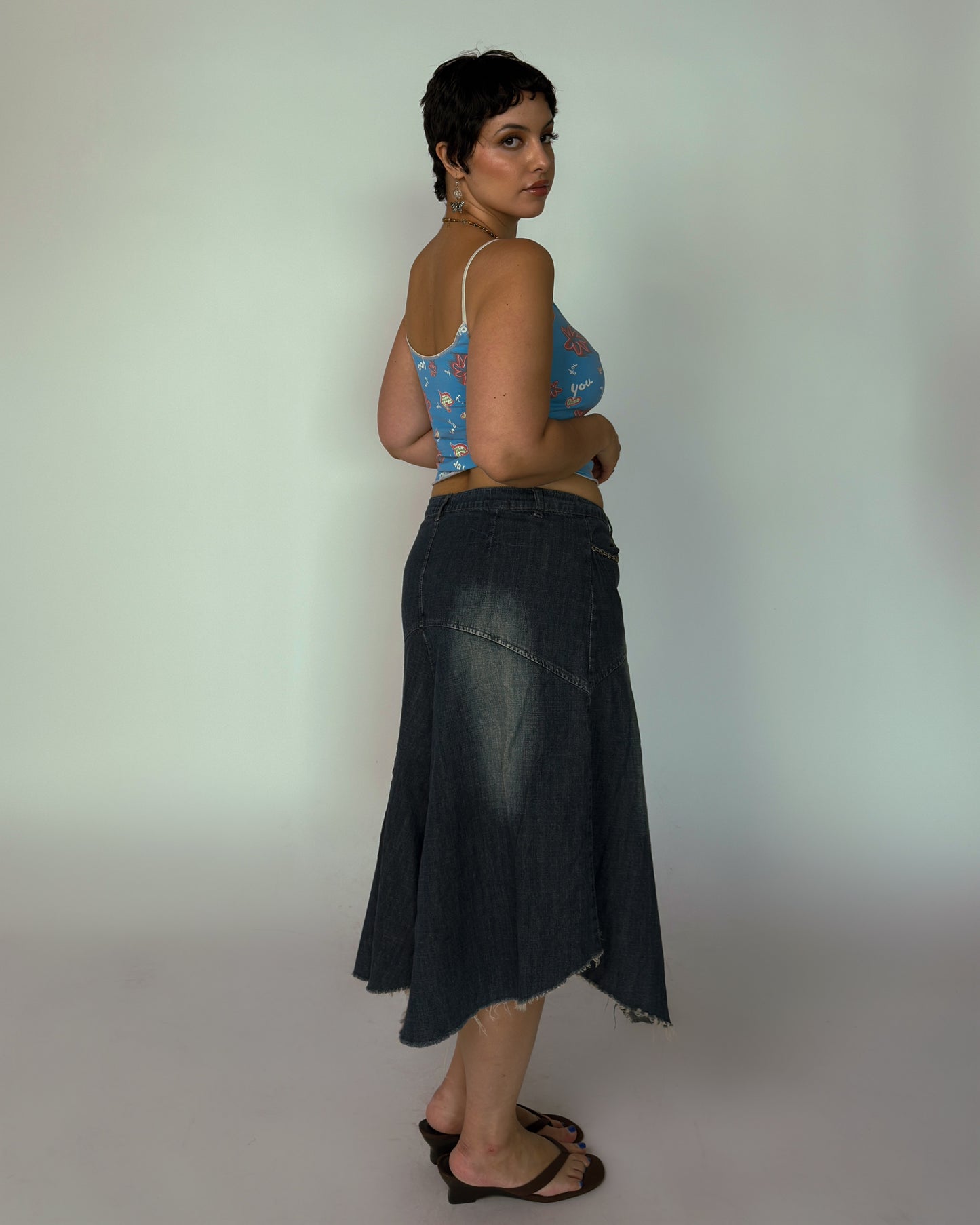 Vintage Beaded Denim Midi Skirt - size L/XL