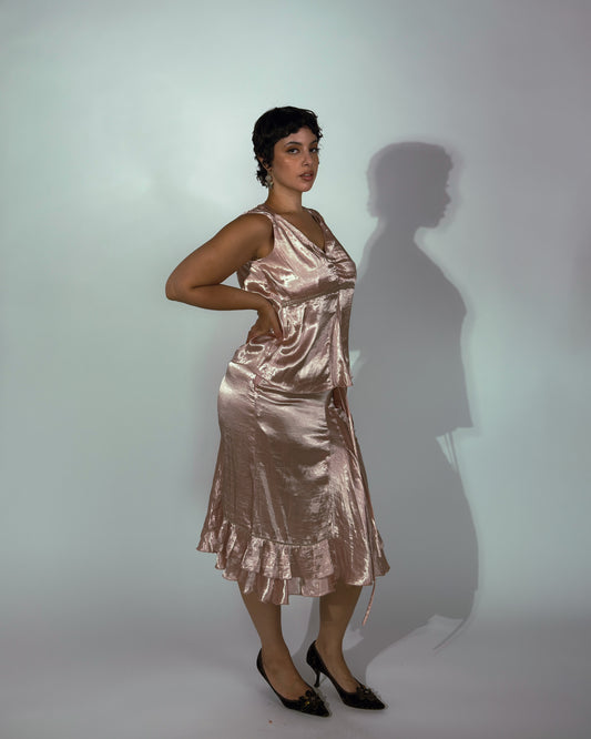 Vintage Spanish Pink Satin Skirt Set - size M-XL