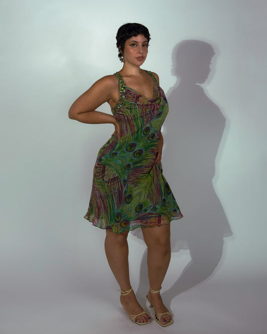 Vintage Italian Beaded Peacock Dress - size L/XL