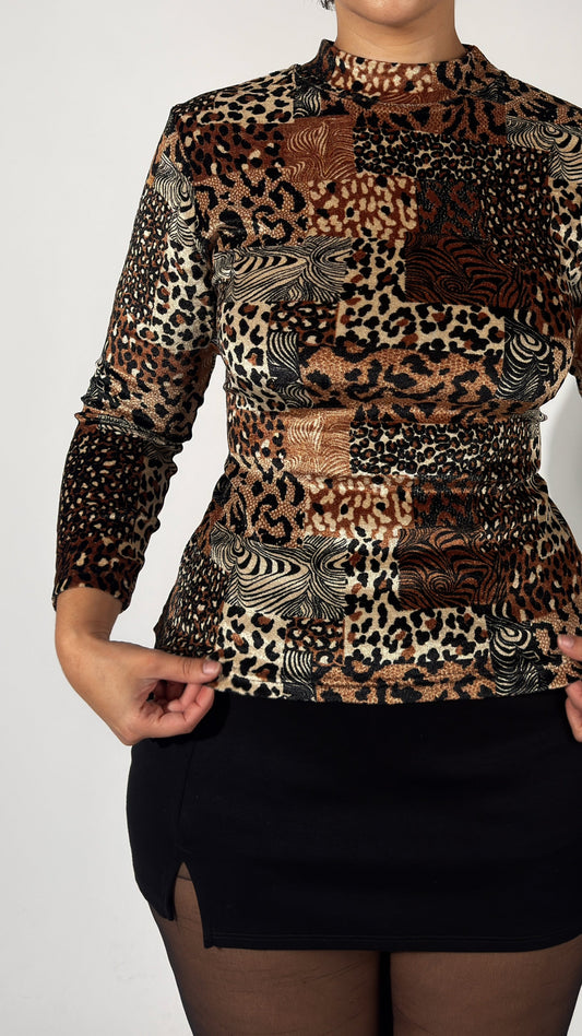 French Vintage Velvet Animal Print Patchwork Top - M