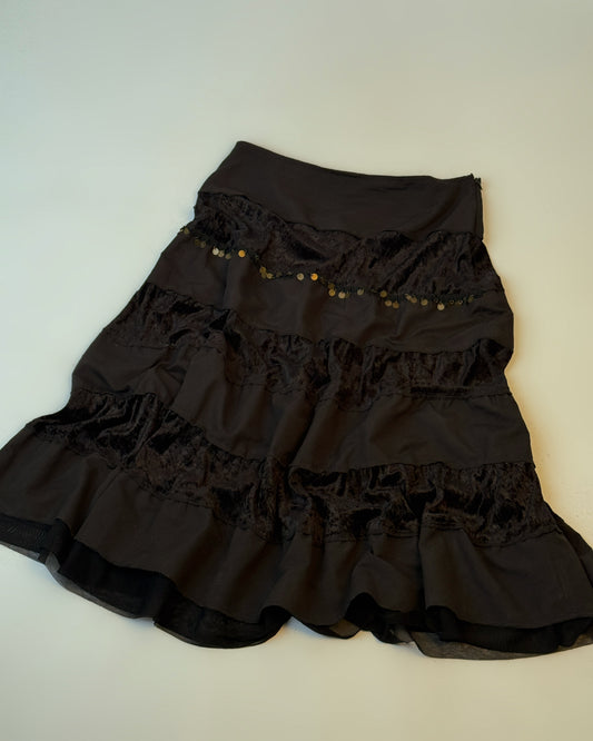 Black Tiered Velvet Maxi Skirt - size L/XL