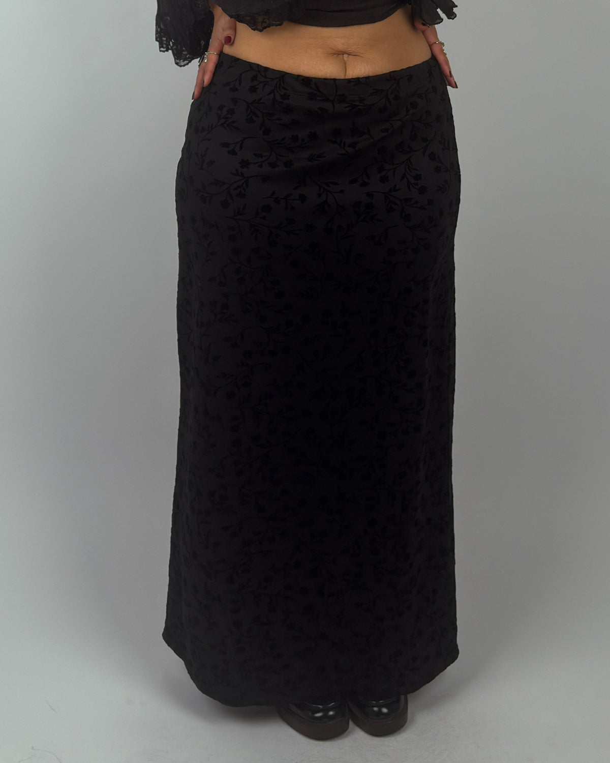 Black Velvet Floral Maxi Skirt - L-XXL