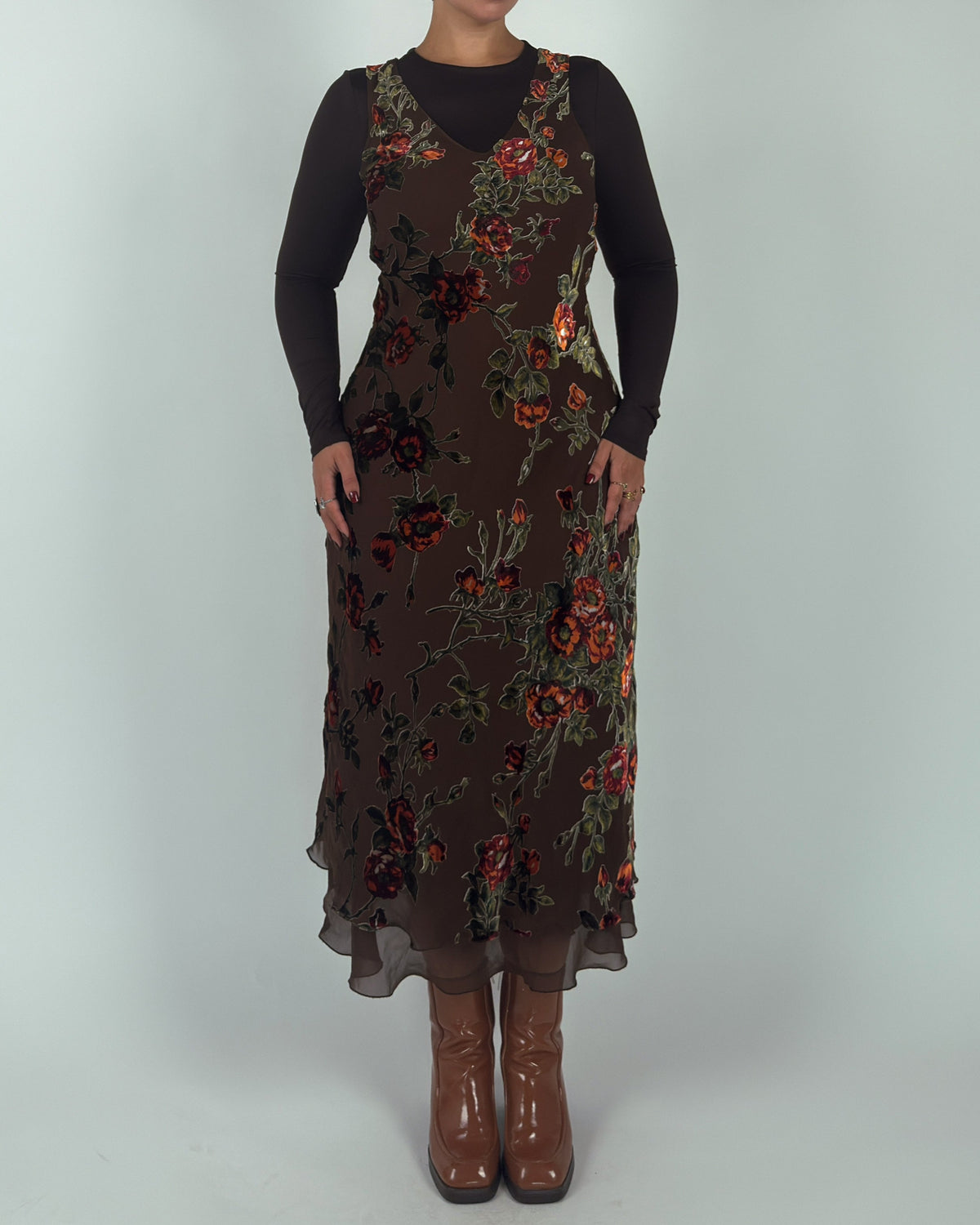 Rare Vintage Derhy Silk Velvet Burnout Midi Dress - M/L