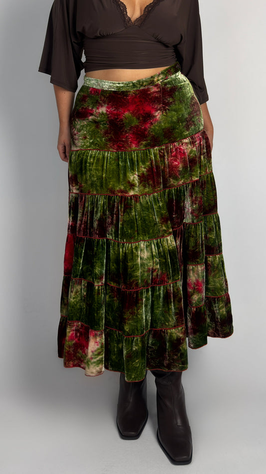 Spanish Vintage Silk Blend Tiered Velvet Midi Skirt - M/L