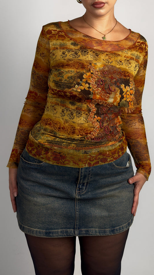 French Vintage Beaded Mesh Top - M/L
