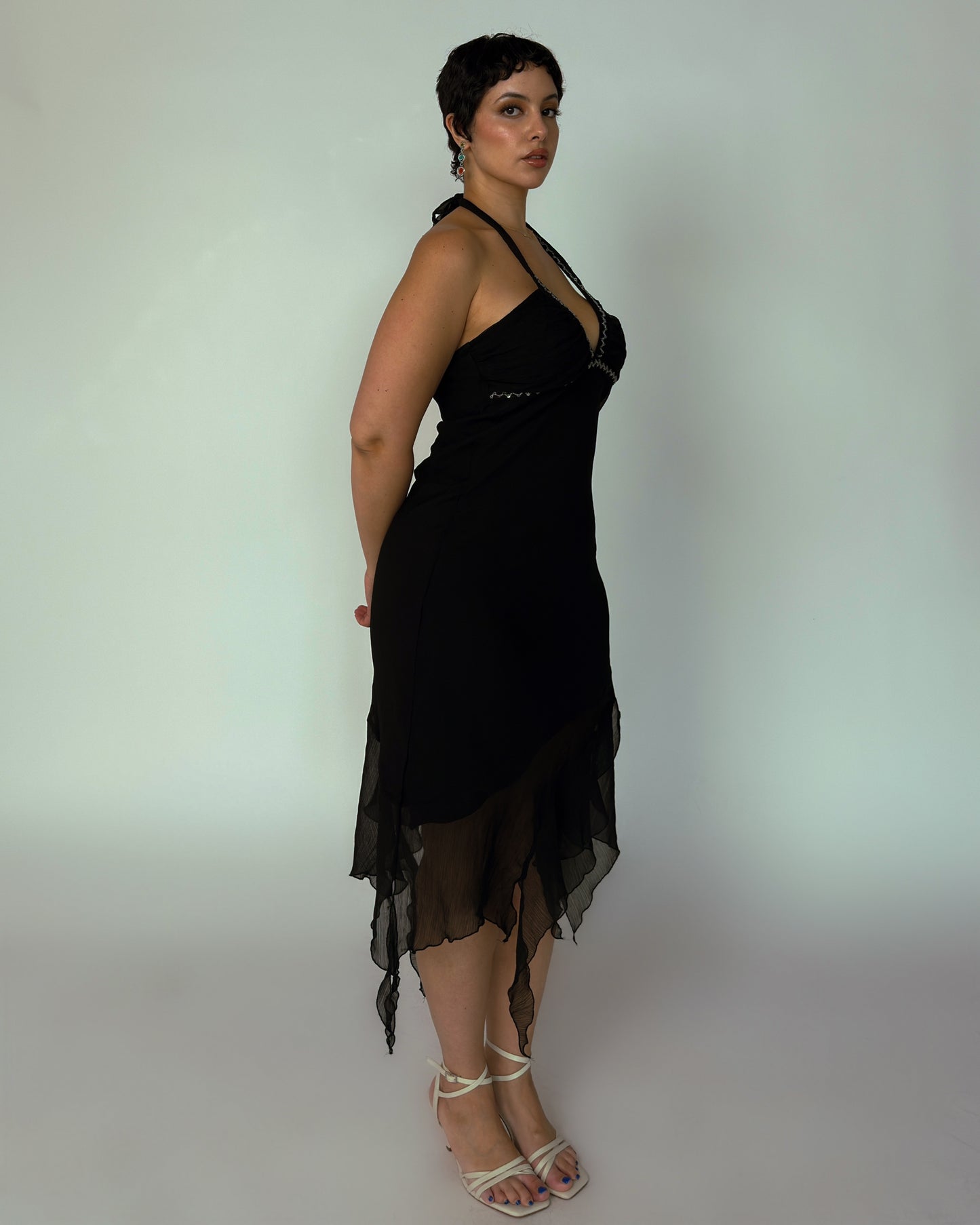 Vintage Black Halter Midi Dress with Sequin Trim - size M/L