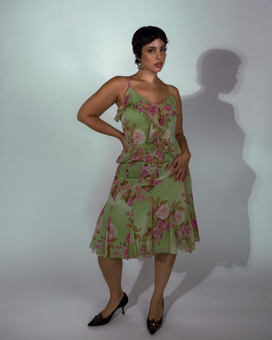 Vintage Italian Silk Floral Leopard Skirt Set - size M/L