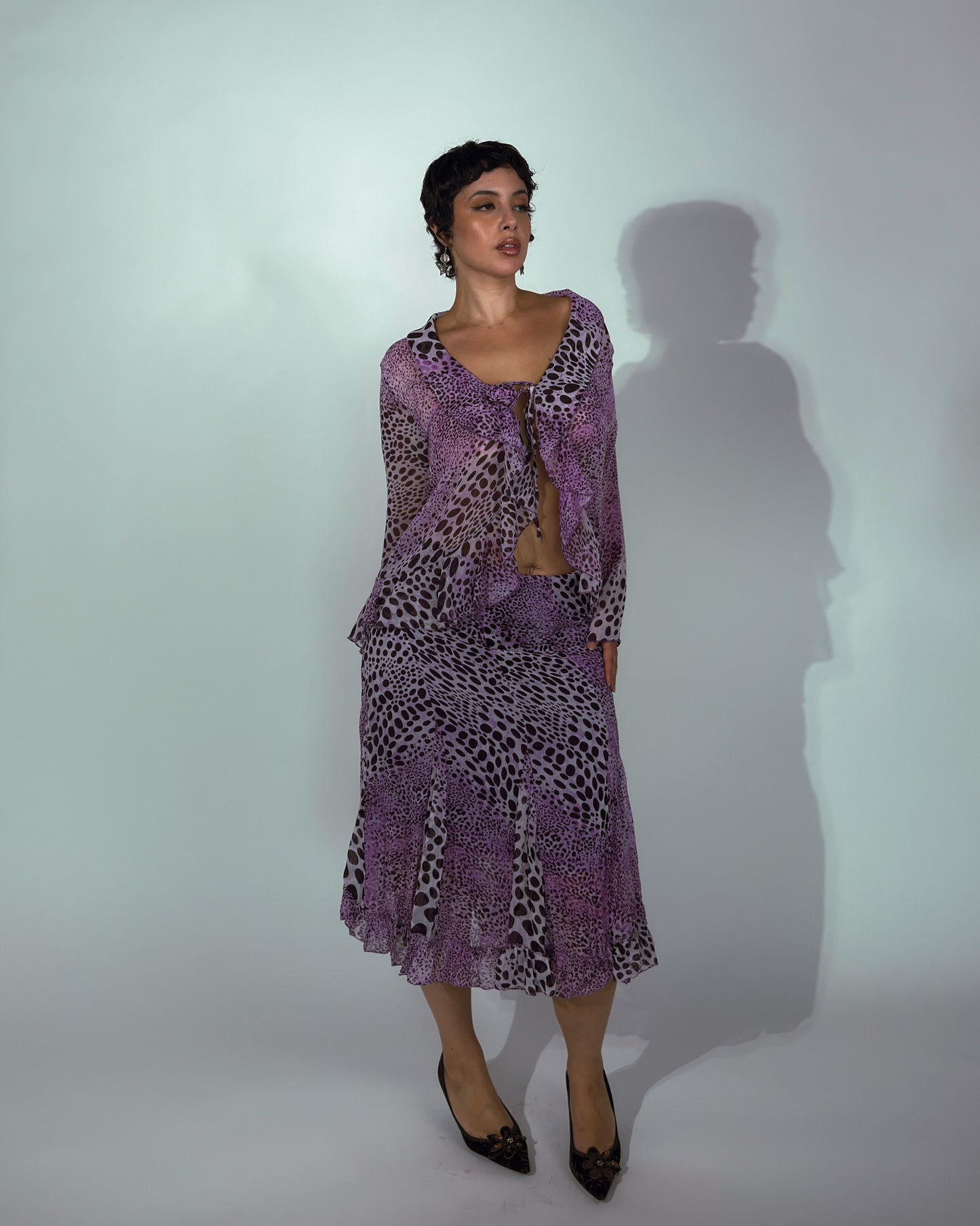 Vintage Italian Silk Purple Animal Print Skirt Set - size M-XL
