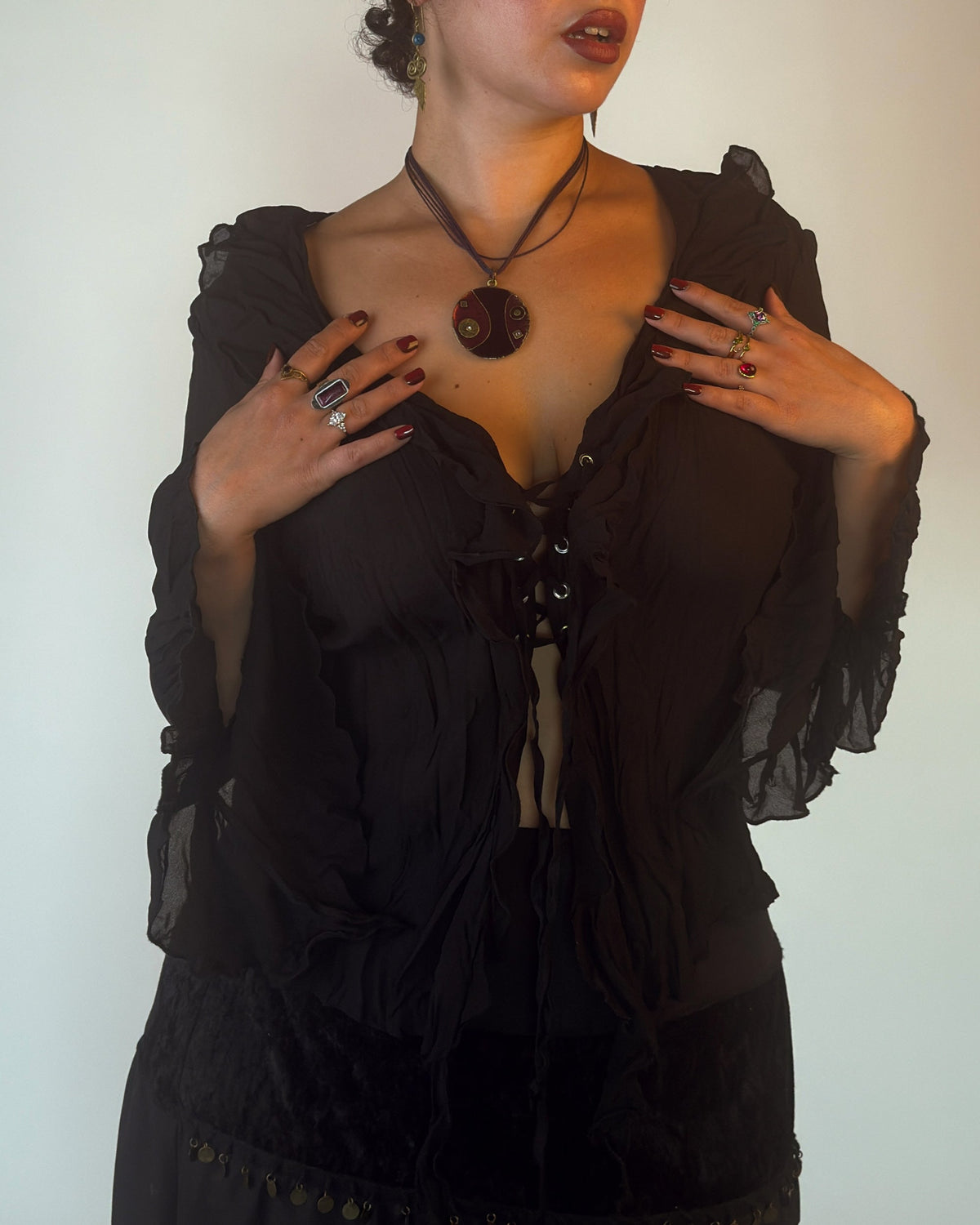 Black Ruffle Lace-Up Top - M/L