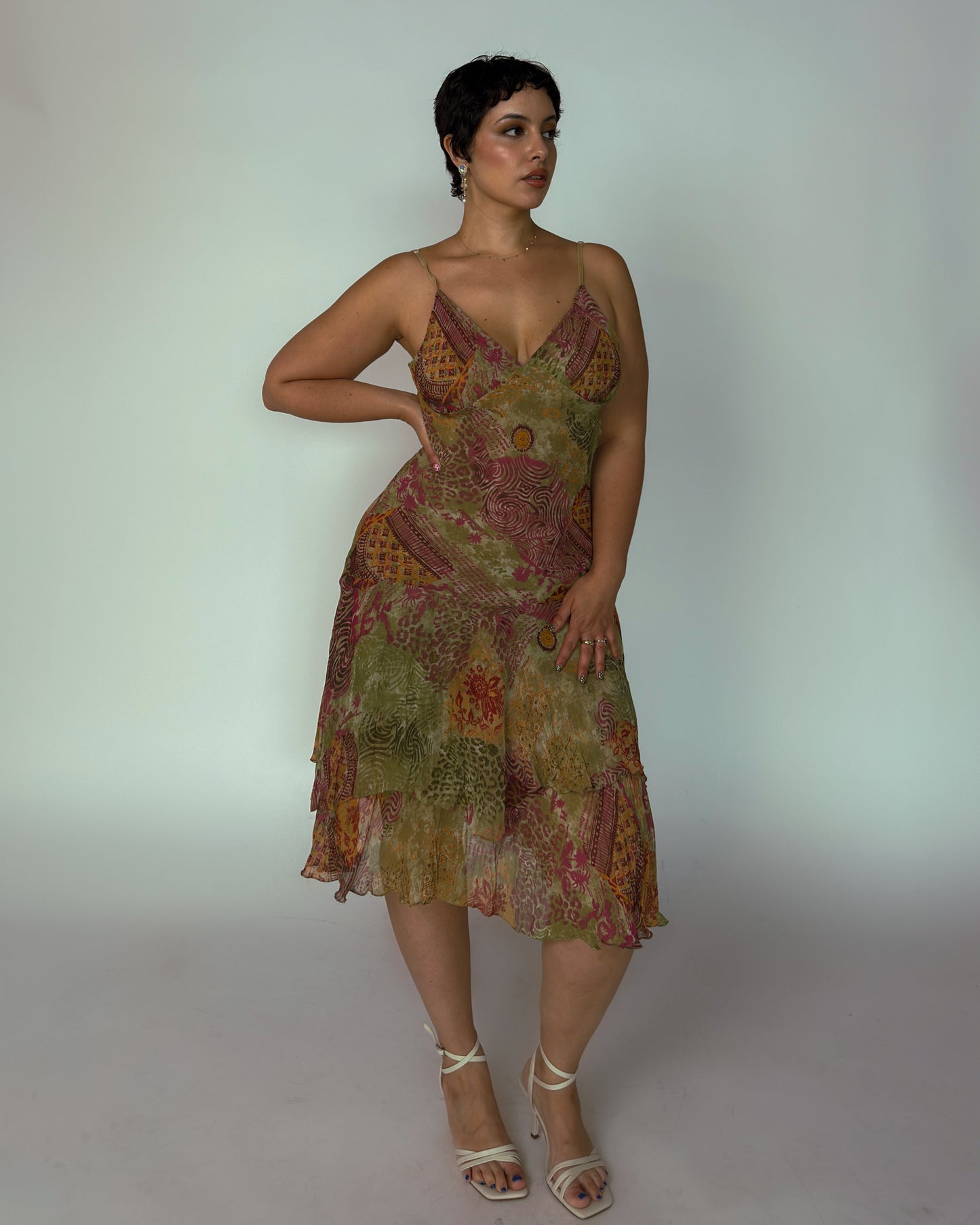 Vintage French Patchwork Print Chiffon Midi Dress - size M-L