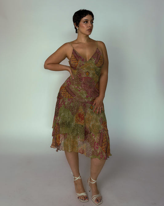 Vintage French Patchwork Print Chiffon Midi Dress - size M-L