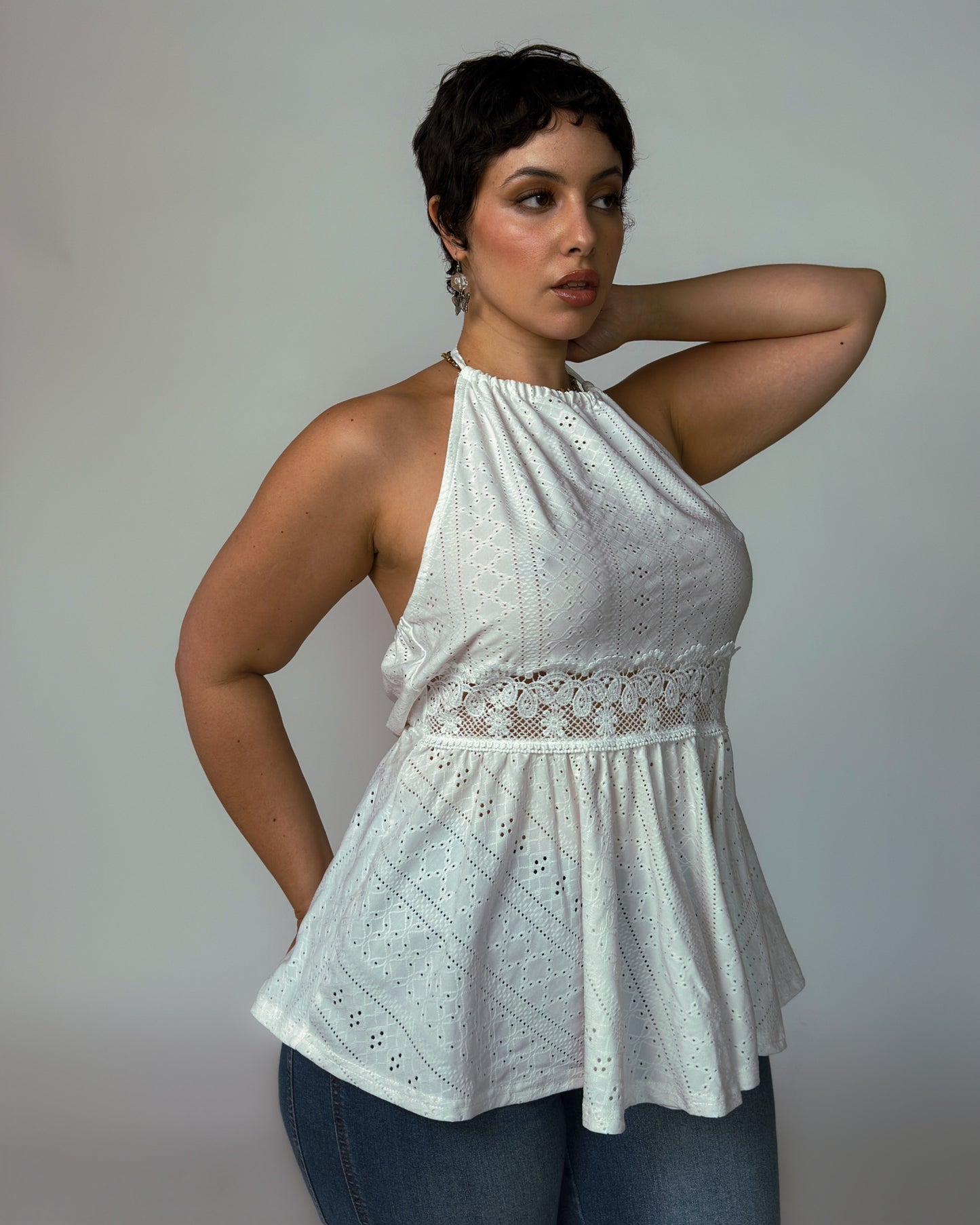 White Lace Halter Top - size L/XL
